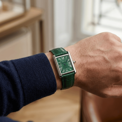 Cartier Tank Premium Square Dial Leather Men’s Watch in Green with Free Delivery