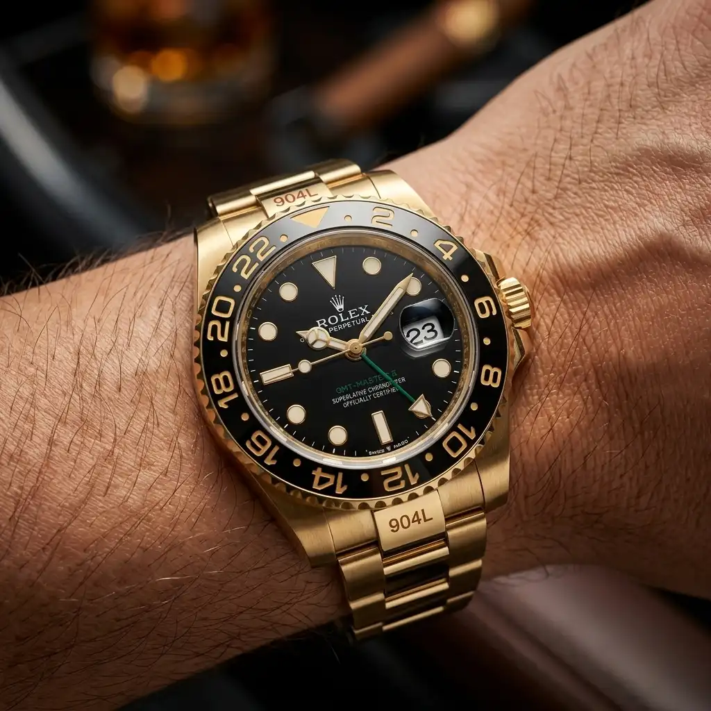Man wearing Rolex GMT-Master II Gold & Black Dial Luxury Watch