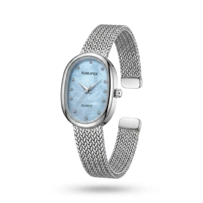 SUNLIFEX Women’s Silver Mesh Quartz Watch with Light Blue Oval Dial