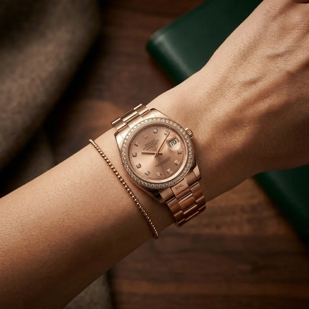 Watch worn Rolex Datejust Rose Gold Diamond Bezel Watch for Women