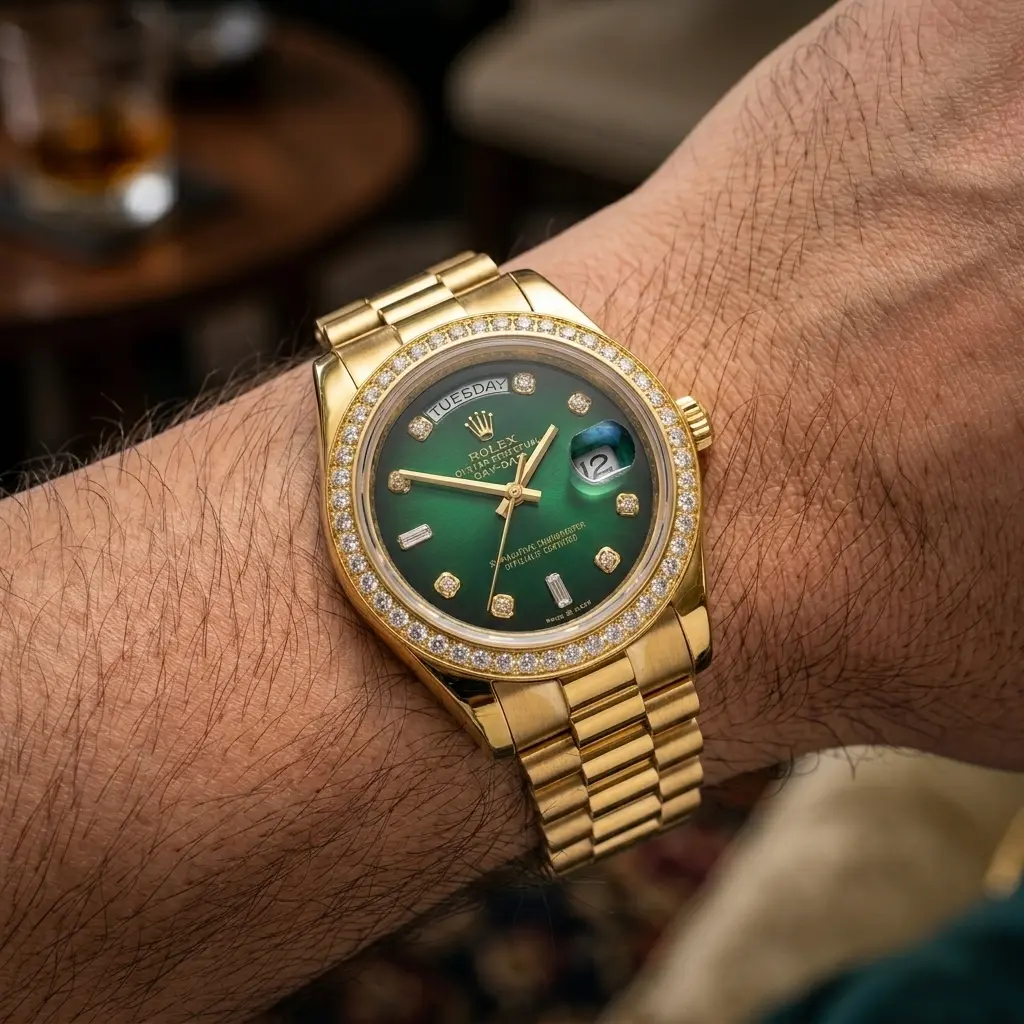 Rolex Day-Date Gold Green Dial Watch worn on an arm