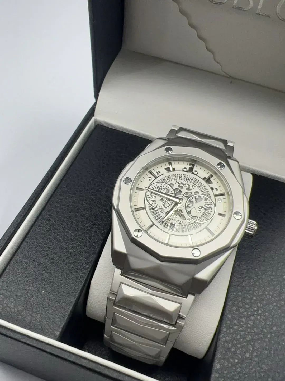 Hublot Diamond cut Stainless Steel Men's watch in White dial