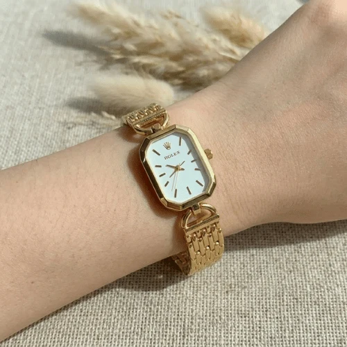 Rolex Luxury Rectangular Watch For Women in Silver & Rose Gold