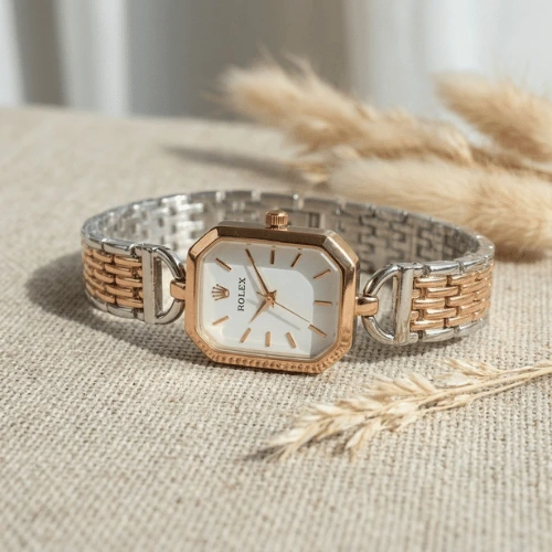 Rolex Luxury Rectangular Watch For Women in Silver & Rose Gold