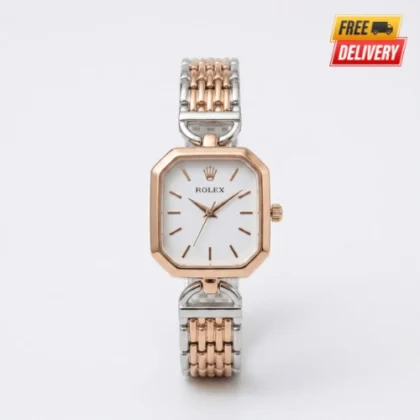 Rolex Luxury Rectangular Watch For Women in Silver & Rose Gold