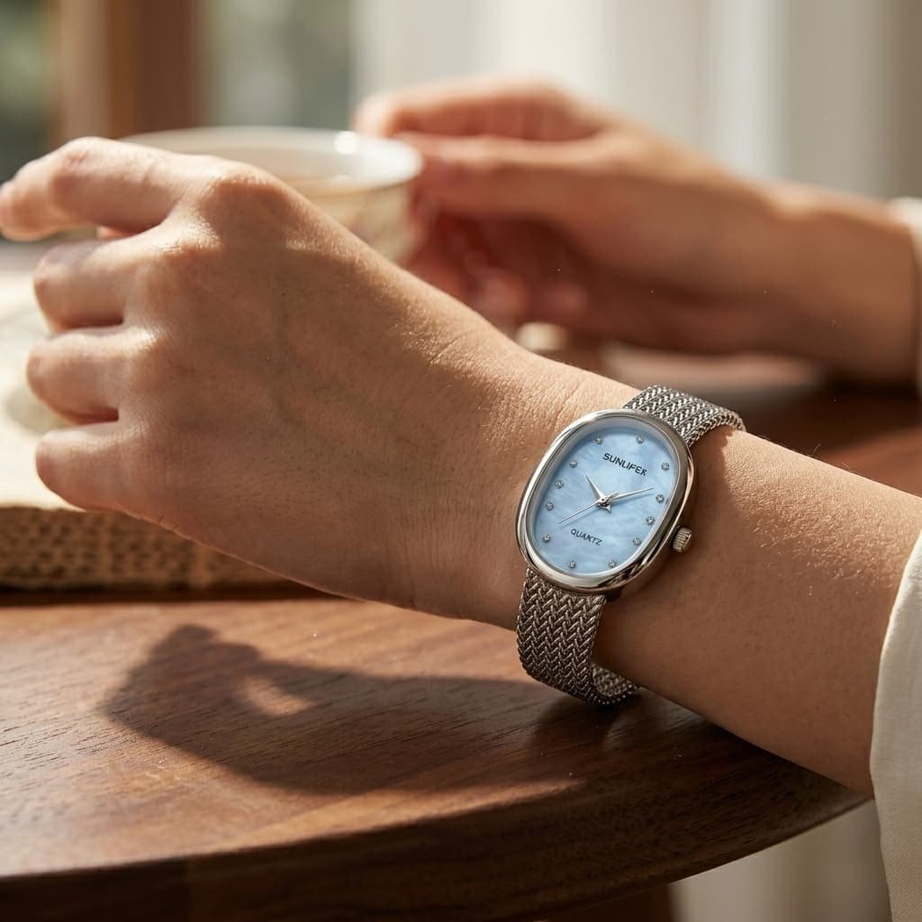 SUNLIFEX Women’s Silver Mesh Quartz Watch with Light Blue Oval Dial