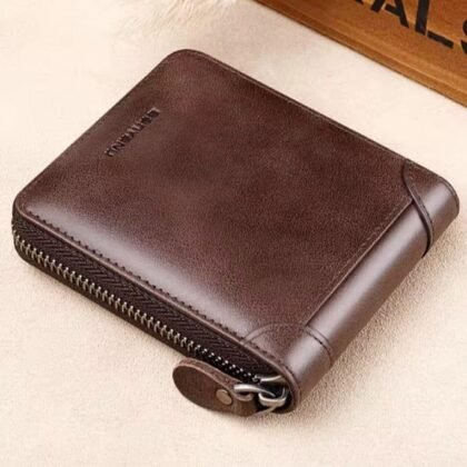 Men's Leather Wallet Brown Zipper Closure