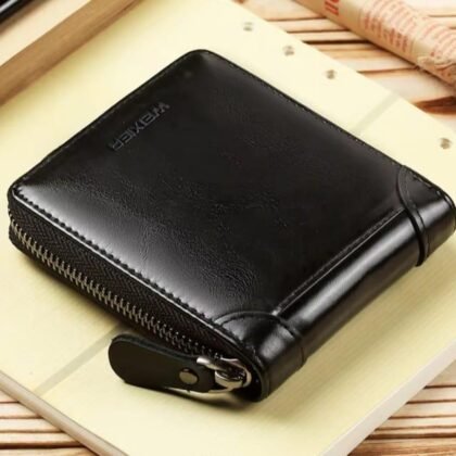 Black Leather Wallet for Men with Zipper Closure