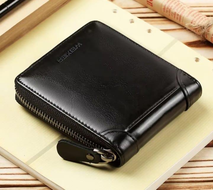 Black Leather Wallet for Men with Zipper Closure
